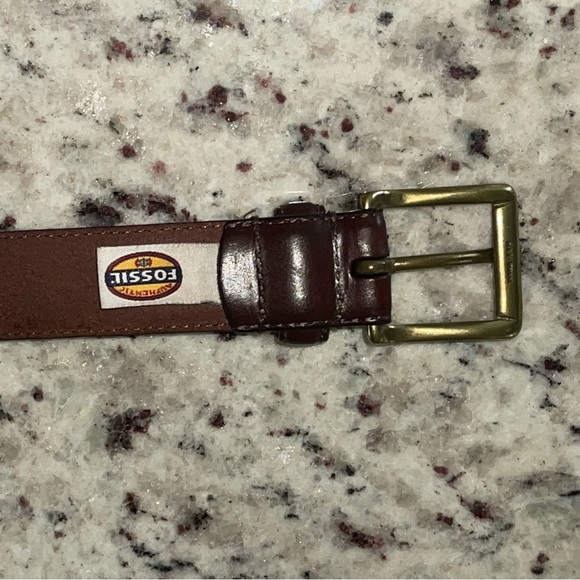 Fossil Genuine Leather Brown Belt 32” Braided Woven Bow Tie Embossed Solid Brass - Picture 3 of 8